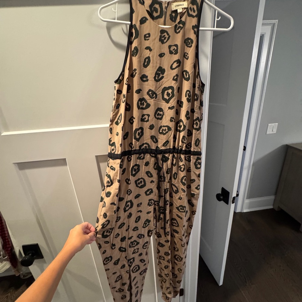 L'AGENCE Animal Print Sleeveless Wide-Leg Jumpsuit in Tan